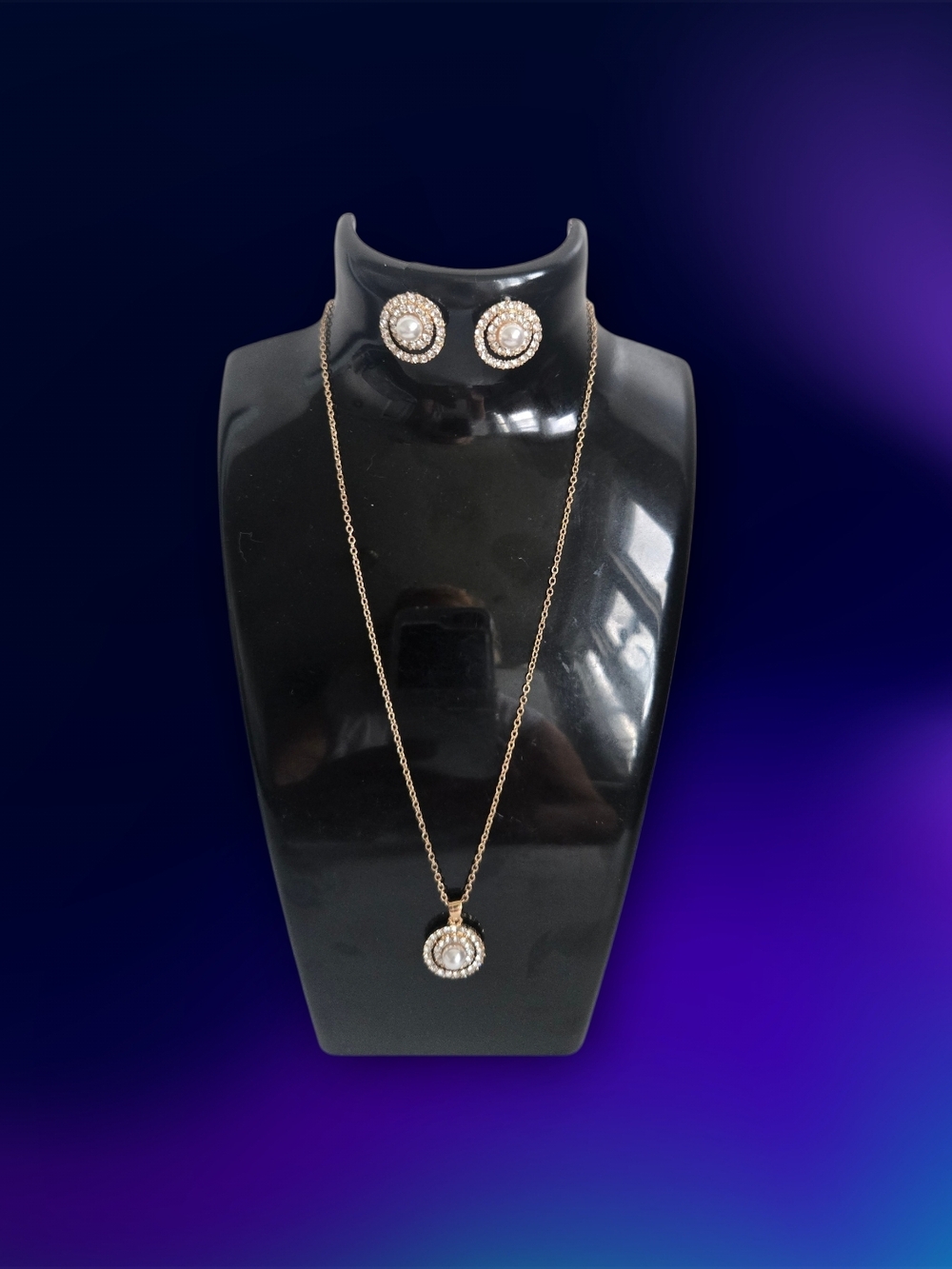 Gold-Tone Pearl Halo Pendant Necklace & Stud Earrings Set